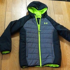 Under Armour Cold Gear Winter Puffer Jacket, Youth XL, Black, Grey, Neon Yellow